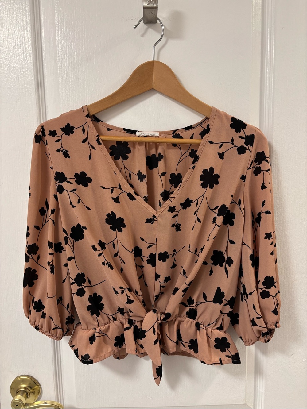 Sienna Sky Pink Black Floral Tie-Front Blouse Peplum